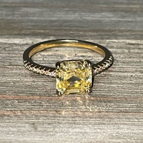 18k Gold Studded Band w Pale Yellow CZ Stone Ring - Picture 6 of 14